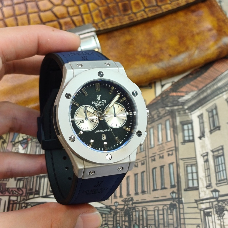ساعت مچی عقربه ای آنالوگ برند HUBLOT مردانه تک موتور تاریخ شمار دار بند چرم قفل فیکسر پروانه ای