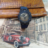 ساعت مچی عقربه ای آنالوگ برند HUBLOT تک موتور تاریخ شمار دار بند چرم قفل فیکسر پروانه ای