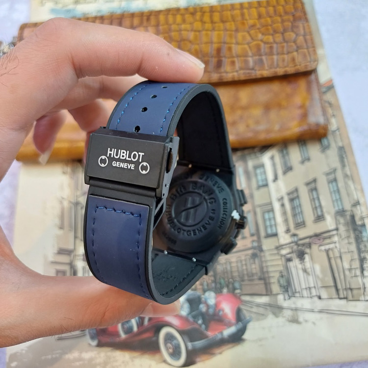 ساعت مچی عقربه ای آنالوگ برند HUBLOT تک موتور تاریخ شمار دار بند چرم قفل فیکسر پروانه ای