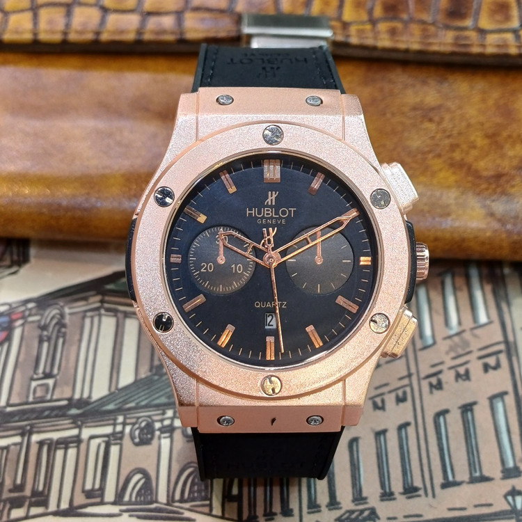 ساعت مچی عقربه ای آنالوگ برند HUBLOT تک موتور تاریخ شمار دار بند چرم قفل فیکسر پروانه ای
