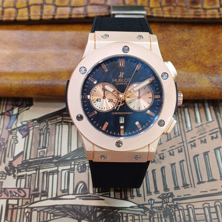 ساعت مچی عقربه ای آنالوگ برند HUBLOT تک موتور تاریخ شمار دار بند چرم قفل فیکسر پروانه ای