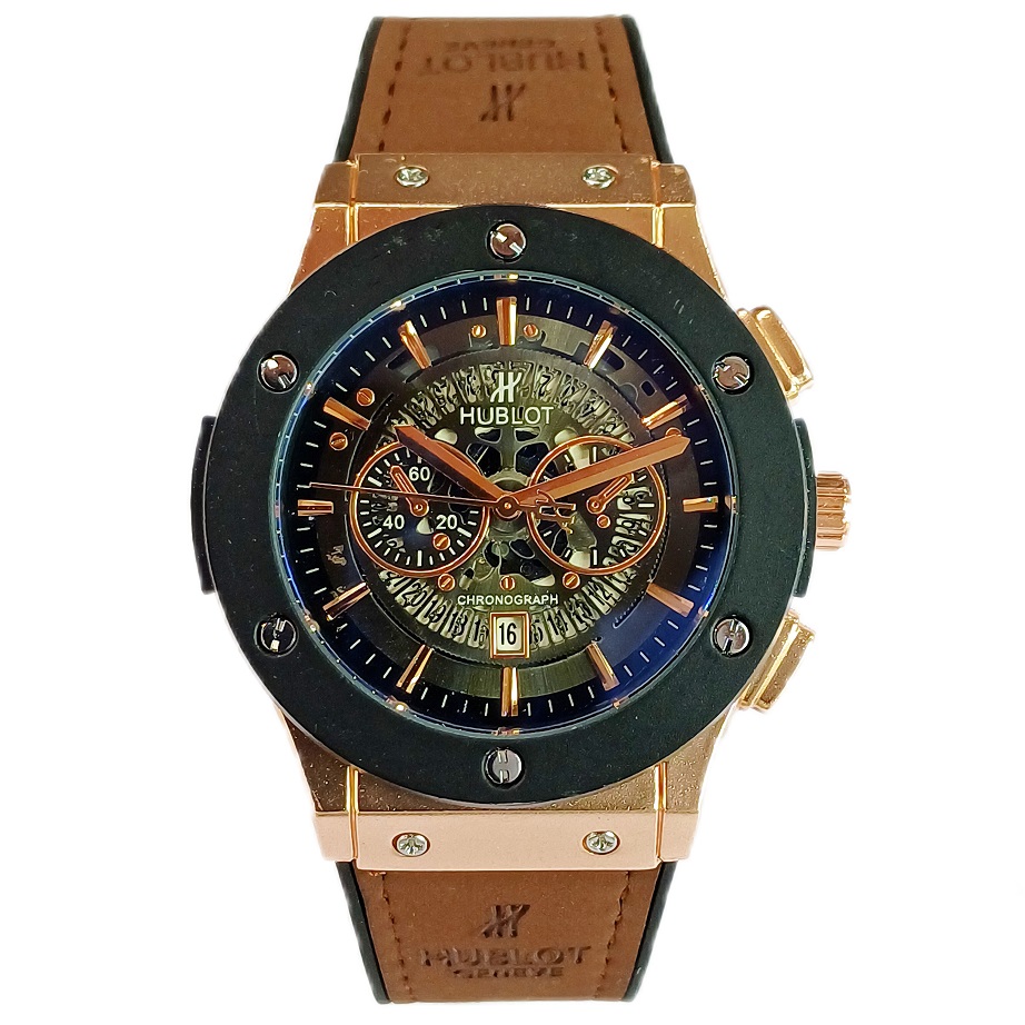 ساعت مچی عقربه ای آنالوگ برند HUBLOT تک موتور تاریخ شمار دار بند چرم قفل فیکسر پروانه ای