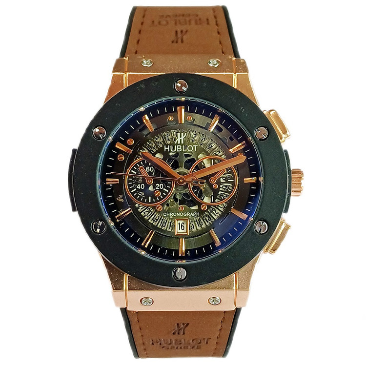ساعت مچی عقربه ای آنالوگ برند HUBLOT تک موتور تاریخ شمار دار بند چرم قفل فیکسر پروانه ای