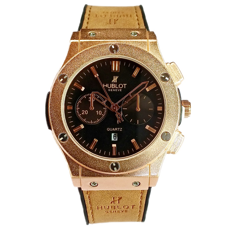 ساعت مچی عقربه ای آنالوگ برند HUBLOT تک موتور تارخ شمار دار بند چرم قفل فیکسر پروانه ای