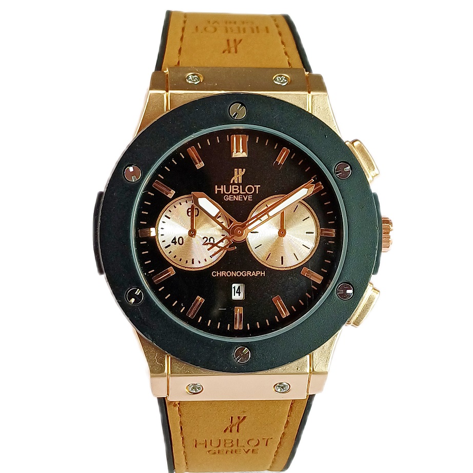 ساعت مچی عقربه ای آنالوگ برند HUBLOT تک موتور تاریخ شمار دار بند چرم قفل فیکسر پروانه ای